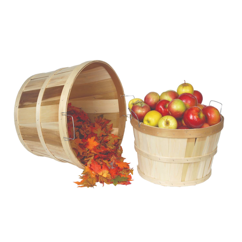 Set of two handcrafted untreated poplar wood baskets, one half and one full bushel, with metal handles, ideal for harvesting and storage, featured in Farm, Garden & Tool and USA Made collections.