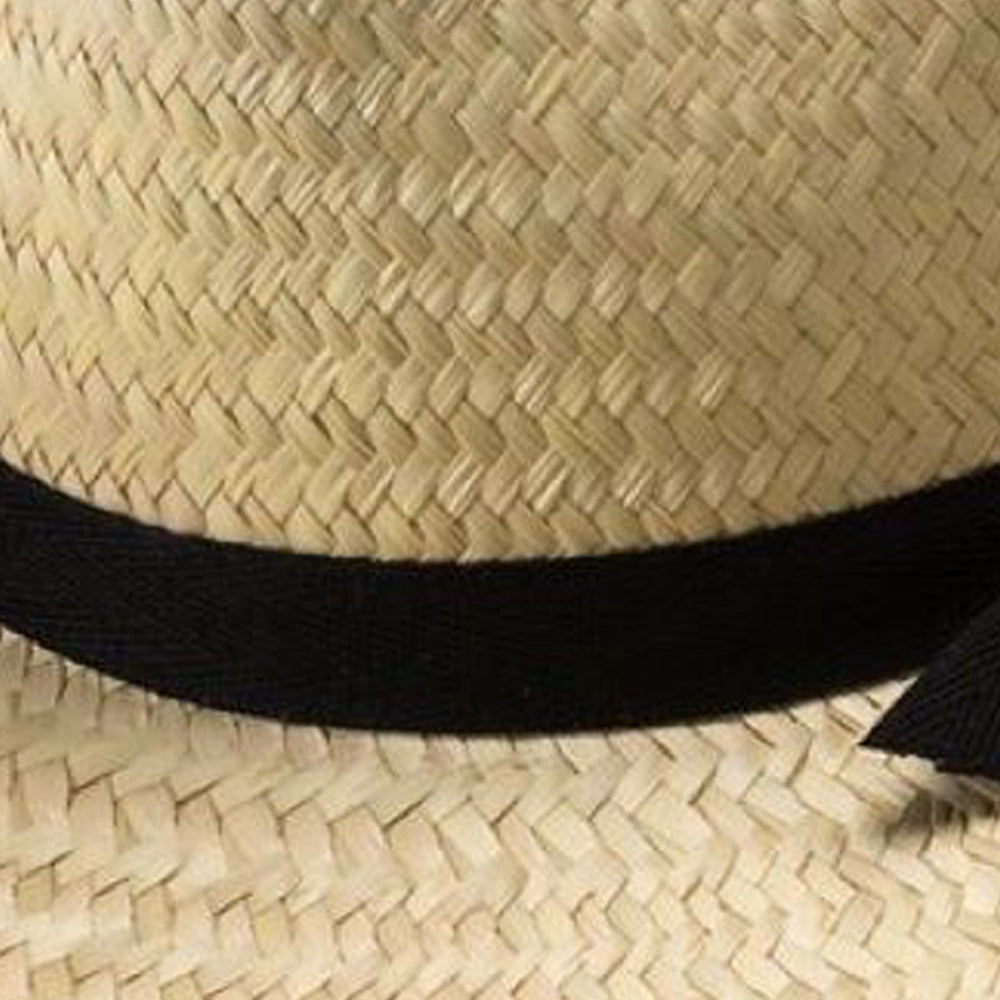 Close-up of a handcrafted Amish made sunset straw hat featuring a pinched front, 3-inch brim, and distinctive 3/4-inch black band, perfect for Health & Wellness and Clothing collections.