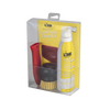 Clear packaging containing a cast iron care kit with a yellow seasoning spray bottle, a red silicone handle holder, a nylon scrub brush, and a pan scraper, featured in Kitchen & Food and Cast Iron collections.