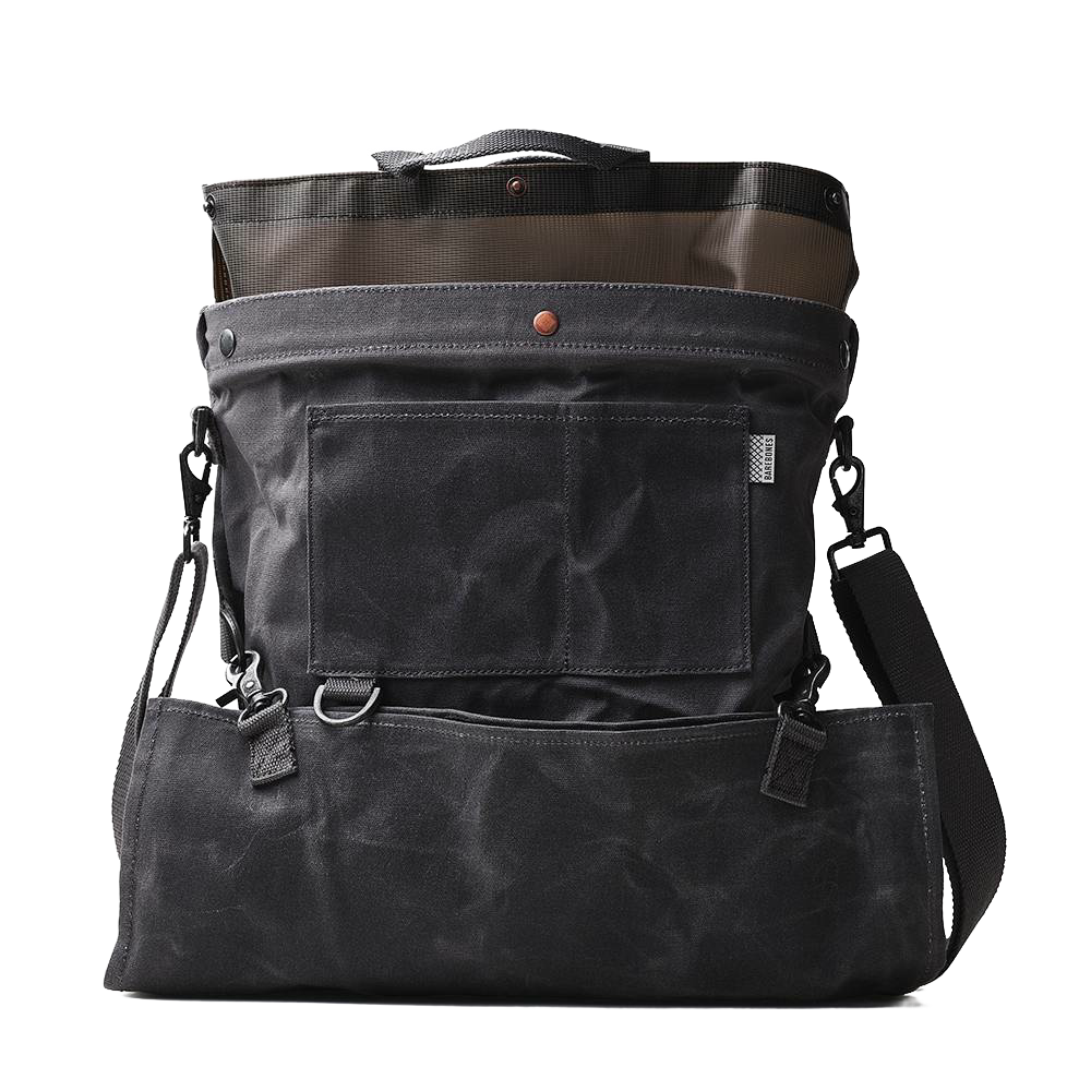 Durable weather-resistant dark canvas harvesting bag with multiple pockets and adjustable straps, featuring a removable watertight liner, perfect for farm, garden, and apple harvest supplies.