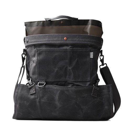 Durable weather-resistant dark canvas harvesting bag with multiple pockets and adjustable straps, featuring a removable watertight liner, perfect for farm, garden, and apple harvest supplies.