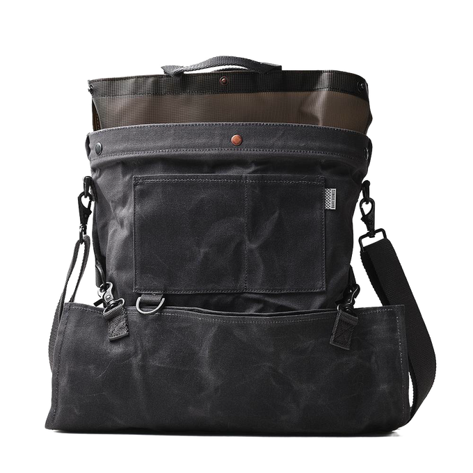 Durable weather-resistant dark canvas harvesting bag with multiple pockets and adjustable straps, featuring a removable watertight liner, perfect for farm, garden, and apple harvest supplies.