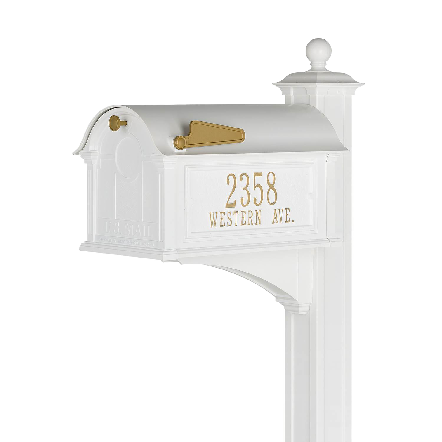 Handcrafted white and gold mailbox with matching post, featuring elegant address plaque, made in USA for Home & Decor, Household Helpers, and Mailboxes and Address Signs collections.