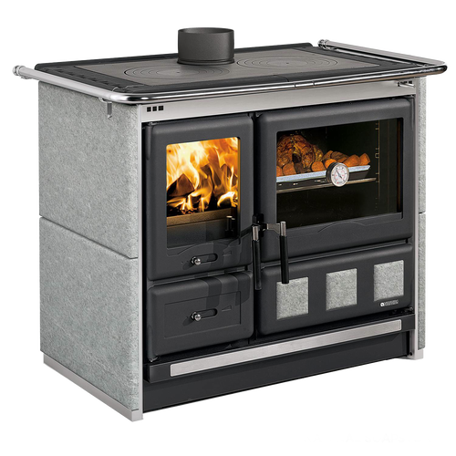 Large wood-burning cook stove with polished cast iron cooking plates, porcelain enameled steel oven door, extractable ash drawer, and cast iron refractory hearth, featured in Stoves, Cookstoves, Best Sellers, and All Stoves & Appliances collections.