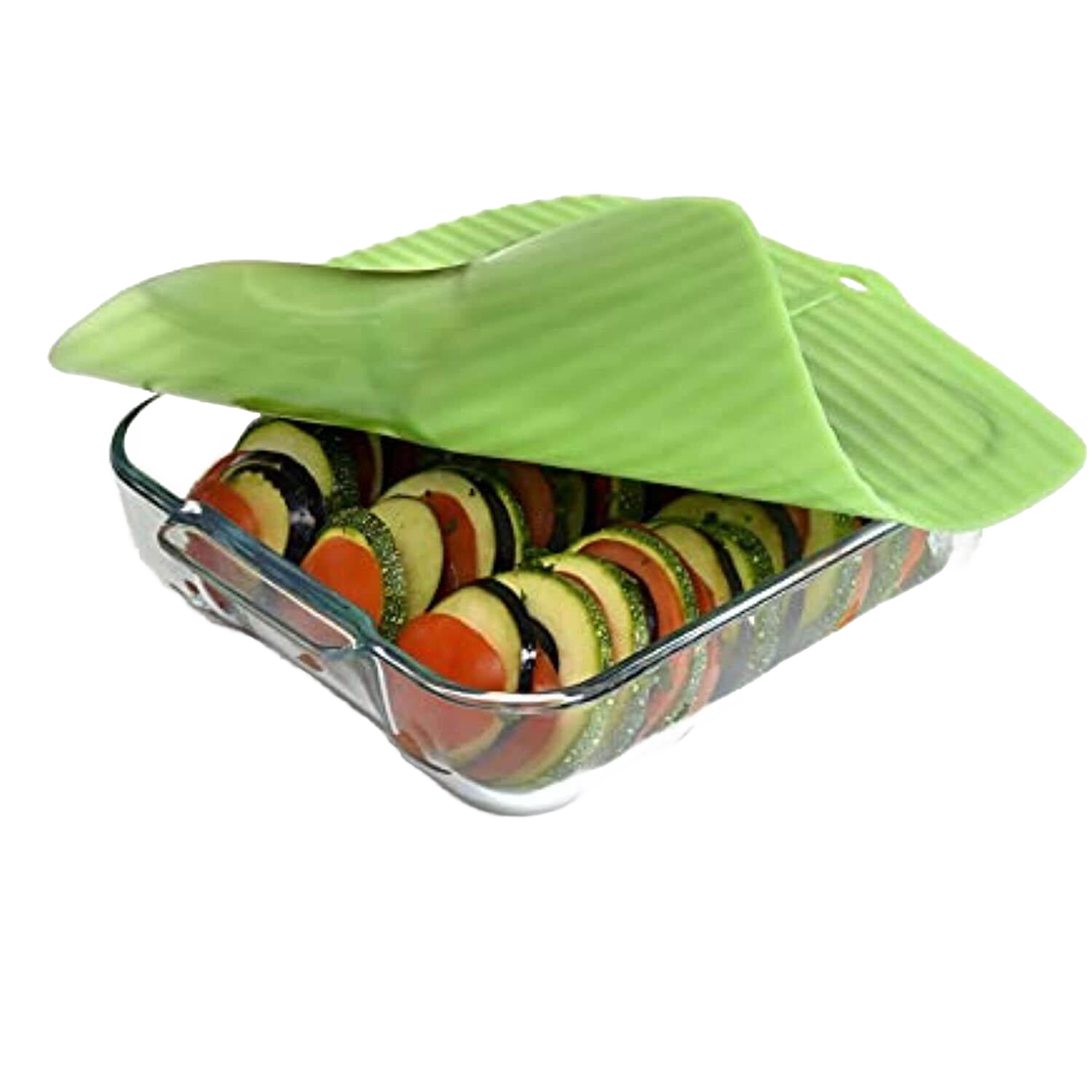 Translucent green reusable silicone bowl cover with banana leaf design sealing a glass dish filled with layered sliced vegetables, ideal for Kitchen & Food, Storage and Serving collections.