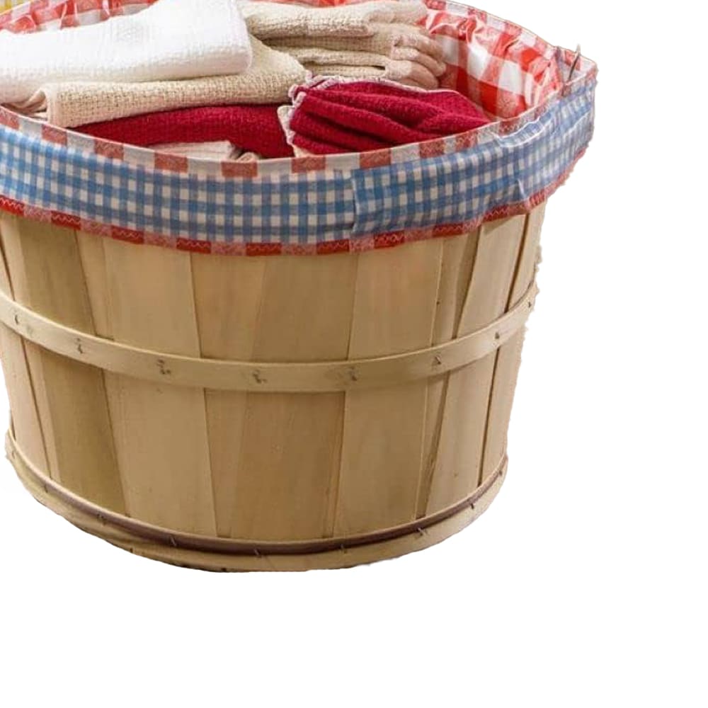 Crafted reusable fabric liner with blue and red checkered trim fitting securely inside a wooden bushel basket, perfect for laundry organization in Home & Decor and Laundry Supplies collections.