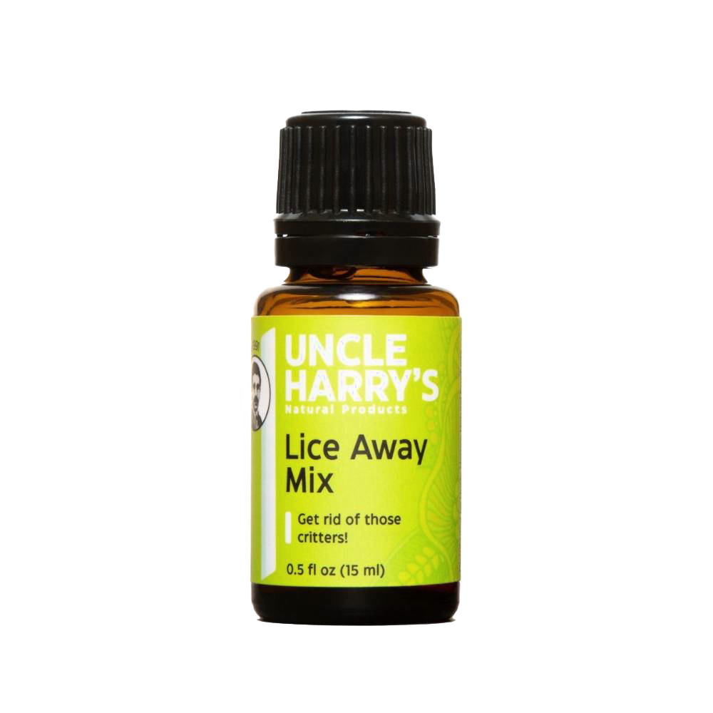 Small amber glass bottle of natural lice treatment mix with black plastic cap, gluten free and vegan, featured in Health & Wellness, Health Remedies, Grooming and Personal Hygiene, and USA Made collections.