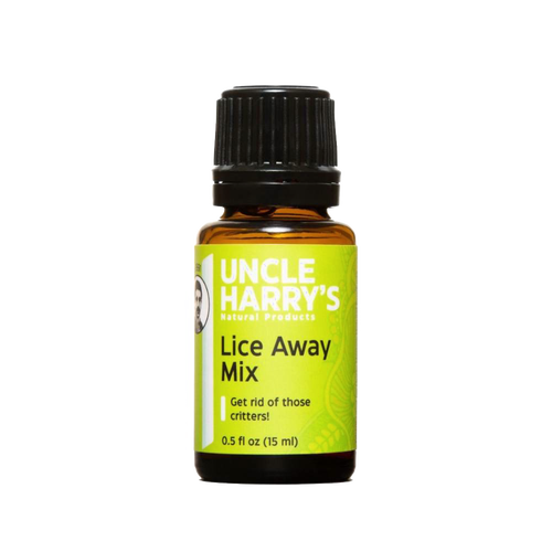 Small amber glass bottle of natural lice treatment mix with black plastic cap, gluten free and vegan, featured in Health & Wellness, Health Remedies, Grooming and Personal Hygiene, and USA Made collections.