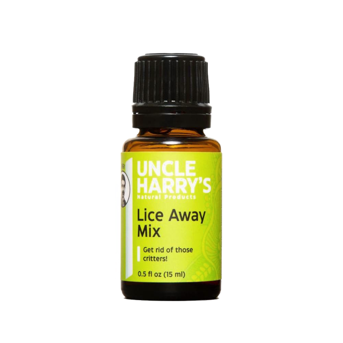 Small amber glass bottle of natural lice treatment mix with black plastic cap, gluten free and vegan, featured in Health & Wellness, Health Remedies, Grooming and Personal Hygiene, and USA Made collections.