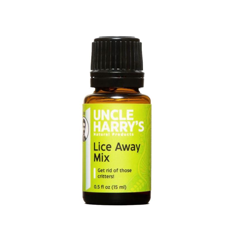 Small amber glass bottle of natural lice treatment mix with black plastic cap, gluten free and vegan, featured in Health & Wellness, Health Remedies, Grooming and Personal Hygiene, and USA Made collections.