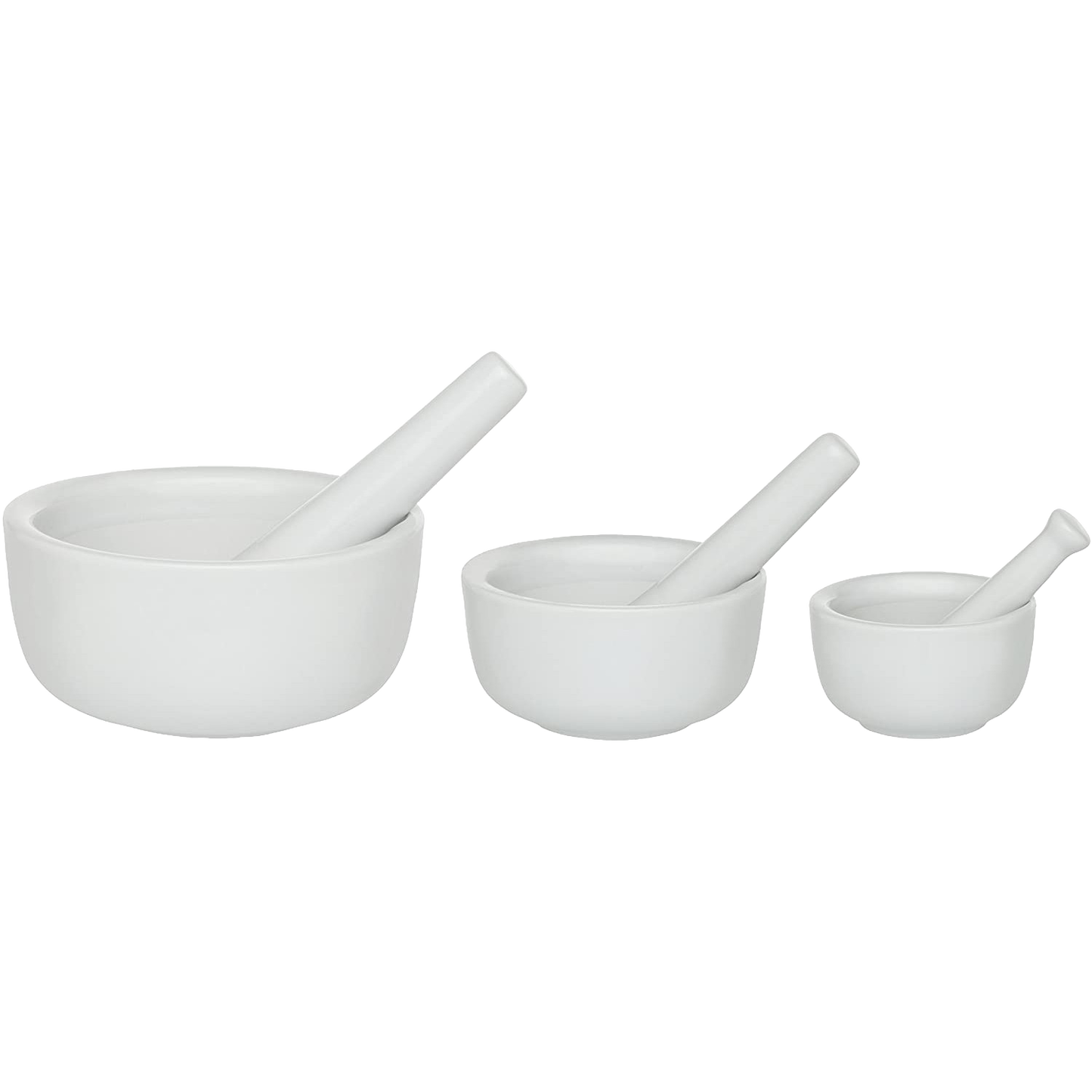 Set of three white porcelain mortars with matching pestles in small, medium, and large sizes for versatile food preparation, ideal for kitchen gadgets, cooking helpers, and best sellers collections.