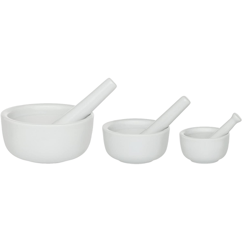 Set of three white porcelain mortars with matching pestles in small, medium, and large sizes for versatile food preparation, ideal for kitchen gadgets, cooking helpers, and best sellers collections.