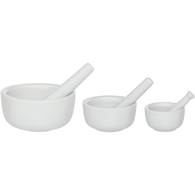 Set of three white porcelain mortars with matching pestles in small, medium, and large sizes for versatile food preparation, ideal for kitchen gadgets, cooking helpers, and best sellers collections.
