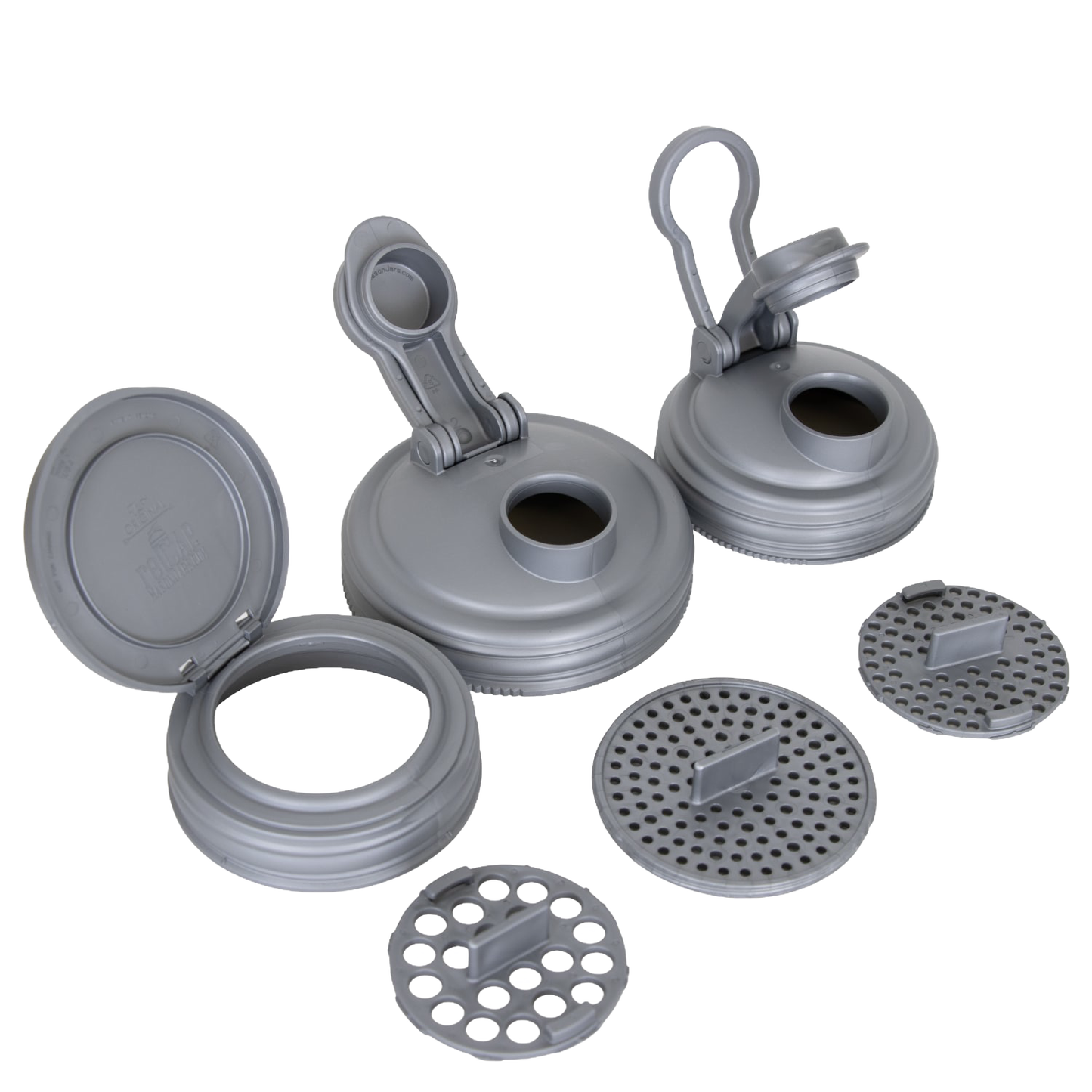 Set of seven handcrafted gray reusable lids and strainer inserts designed for Mason jars, made in USA, suitable for eco-friendly homes in Home & Decor, Household Helpers, and USA Made collections.