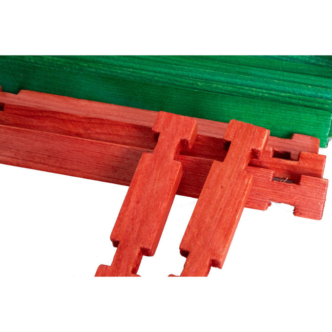 Handcrafted wooden log pieces in red and green with interlocking notches, designed for creative indoor play, part of USA Made and Wooden Toys collections.