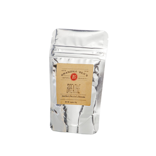 Resealable silver pouch of handcrafted herbal facial steam blend with eucalyptus, rosemary, and peppermint, made in USA, featured in Health & Wellness and Best Sellers collections.