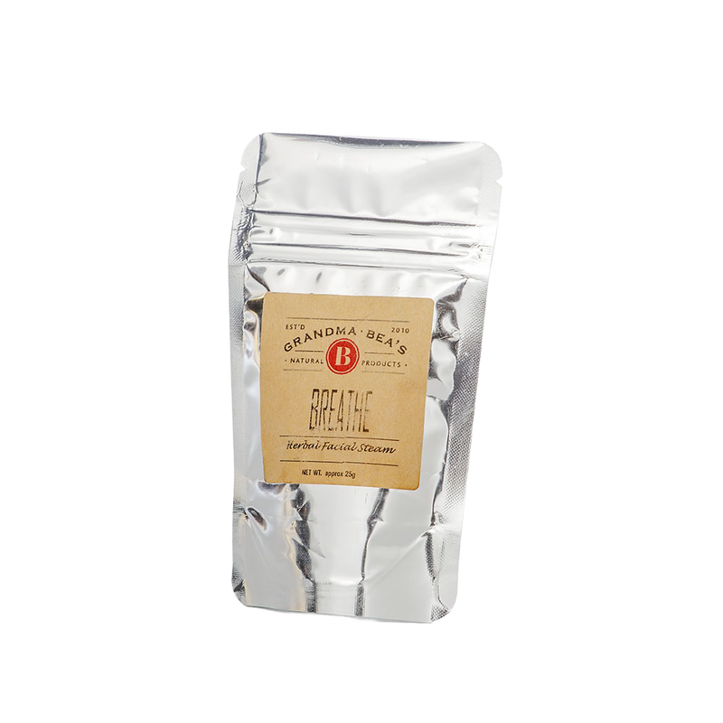 Resealable silver pouch of handcrafted herbal facial steam blend with eucalyptus, rosemary, and peppermint, made in USA, featured in Health & Wellness and Best Sellers collections.