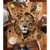 Group of four people assembling a uniquely shaped jigsaw puzzle of a lion's face on a wooden table, surrounded by snacks and beverages, part of children's toys and puzzles collections.