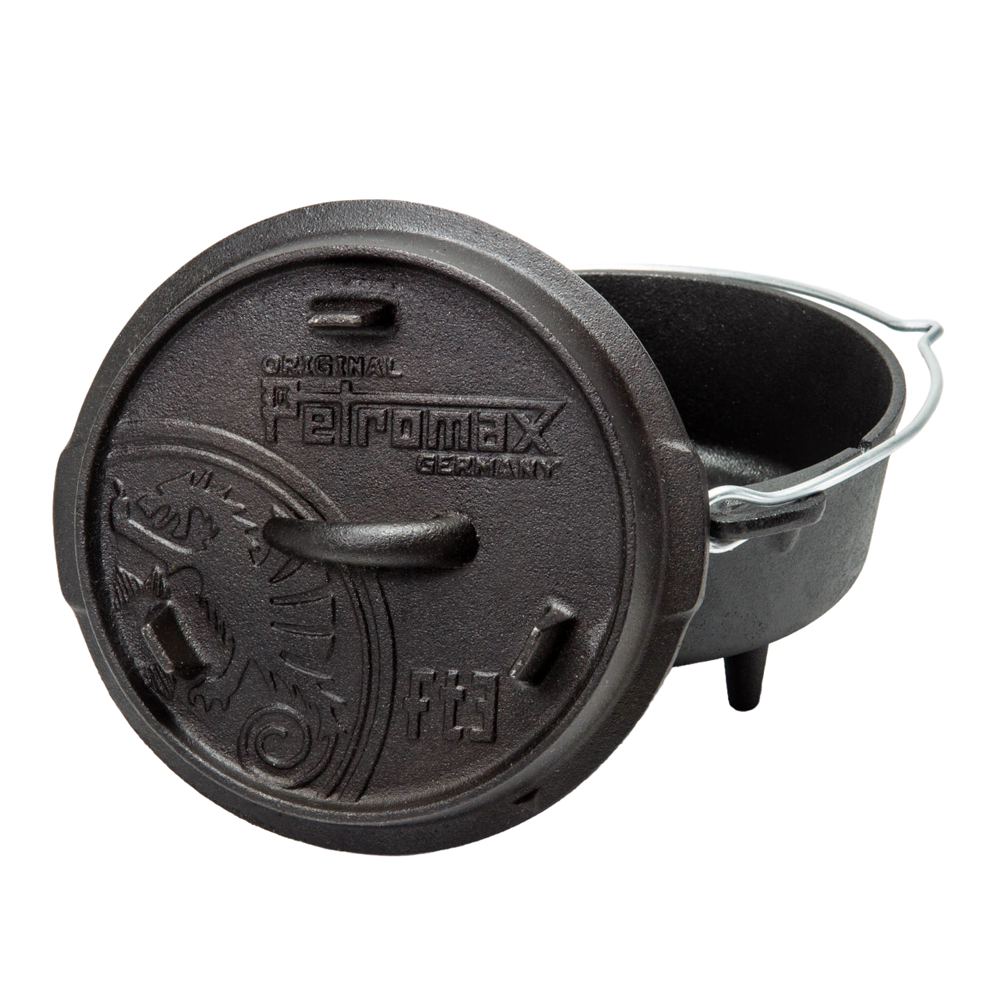 Sturdy cast iron Dutch oven with three legs and a detachable lid embossed with branding, featuring a metal bail handle, perfect for versatile cooking in Kitchen & Food, Cast Iron, Cookware, Best Sellers, and Promo Eligible collections.