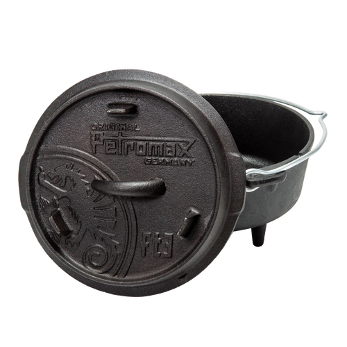 Sturdy cast iron Dutch oven with three legs and a detachable lid embossed with branding, featuring a metal bail handle, perfect for versatile cooking in Kitchen & Food, Cast Iron, Cookware, Best Sellers, and Promo Eligible collections.