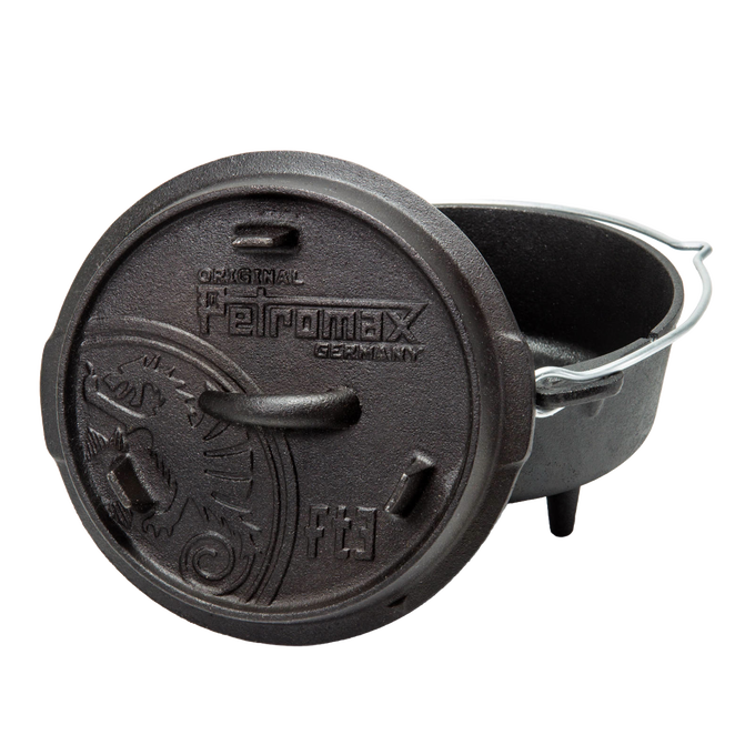 Sturdy cast iron Dutch oven with three legs and a detachable lid embossed with branding, featuring a metal bail handle, perfect for versatile cooking in Kitchen & Food, Cast Iron, Cookware, Best Sellers, and Promo Eligible collections.