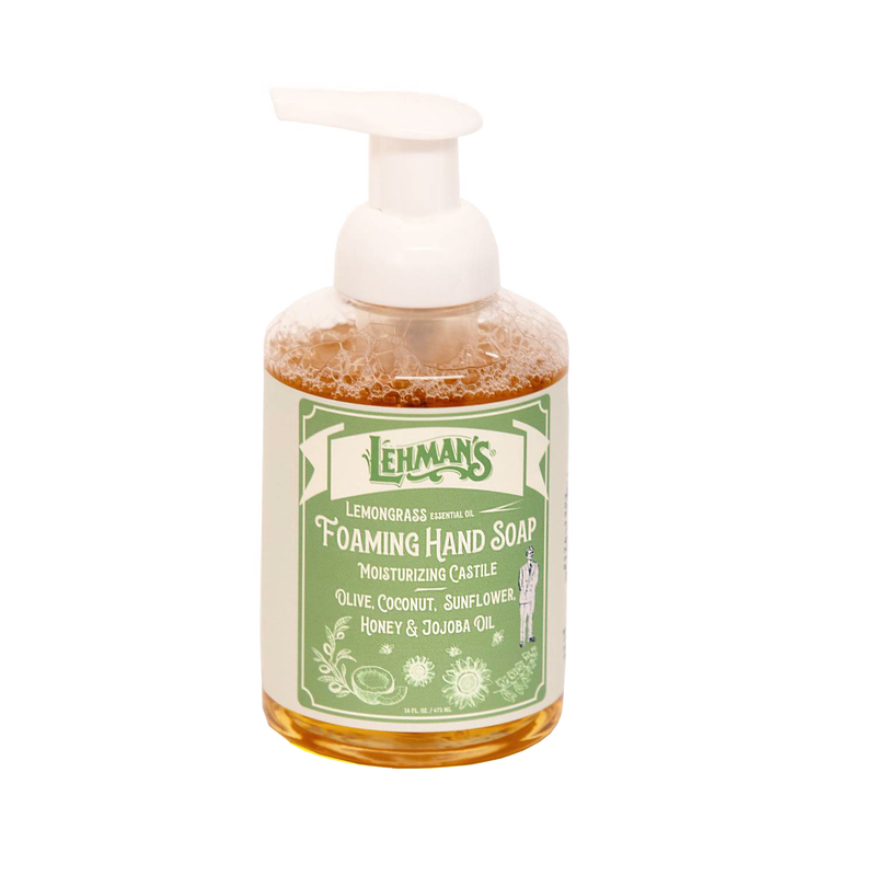 Clear pump bottle of handcrafted moisturizing foaming hand soap with lemongrass scent, made in USA using natural oils including olive, coconut, sunflower, honey, and jojoba, ideal for Health & Wellness, Grooming and Personal Hygiene, Soaps, and Best Sellers collections.