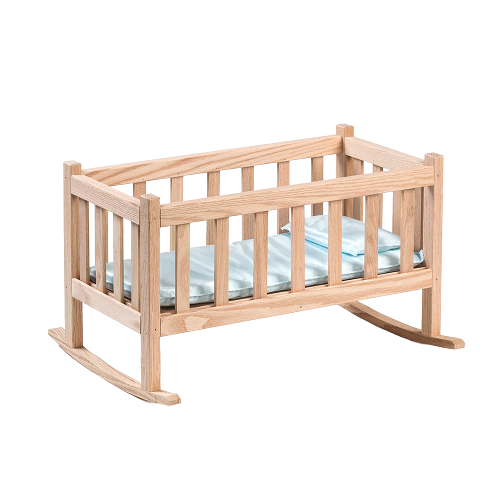 Handcrafted Amish made oak doll cradle with smooth finish and gentle rocking base, designed for indoor play and compatible with popular 18-inch dolls, featured in children's toys.