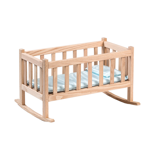 Handcrafted Amish made oak doll cradle with smooth finish and gentle rocking base, designed for indoor play and compatible with popular 18-inch dolls, featured in children's toys.