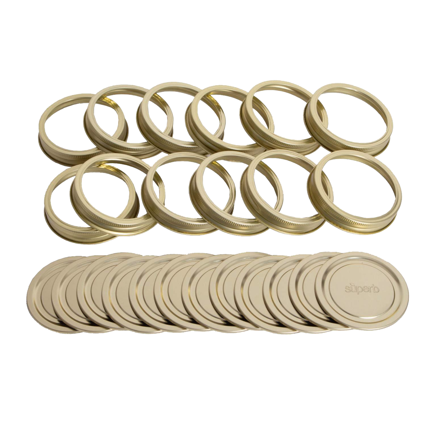 Set of twelve wide-mouth canning jar lids and bands with enhanced sealing adhesive, crafted in the USA for Kitchen & Food, Food Preservation, and Canning collections.