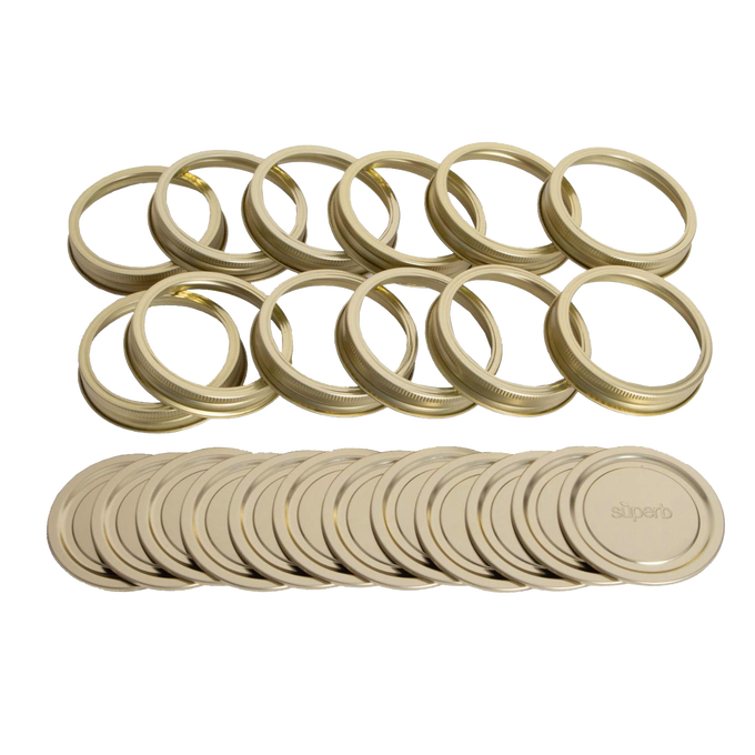 Set of twelve wide-mouth canning jar lids and bands with enhanced sealing adhesive, crafted in the USA for Kitchen & Food, Food Preservation, and Canning collections.