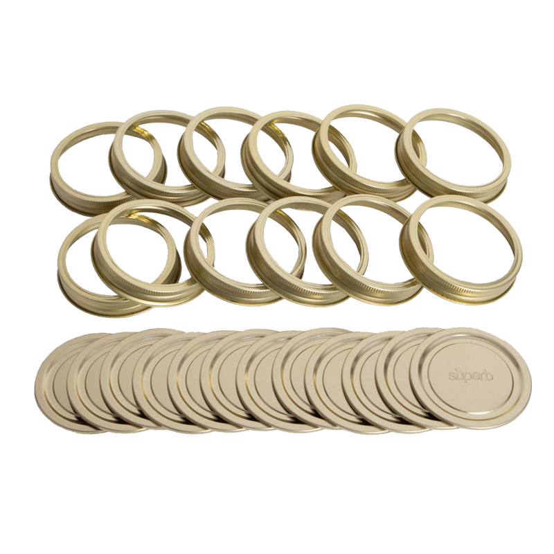 Set of twelve wide-mouth canning jar lids and bands with enhanced sealing adhesive, crafted in the USA for Kitchen & Food, Food Preservation, and Canning collections.