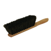 Hand brush with dense natural horsehair bristles and a smooth wooden handle featuring a hanging hole, designed for efficient sawdust removal in farm, garden, and tool care.
