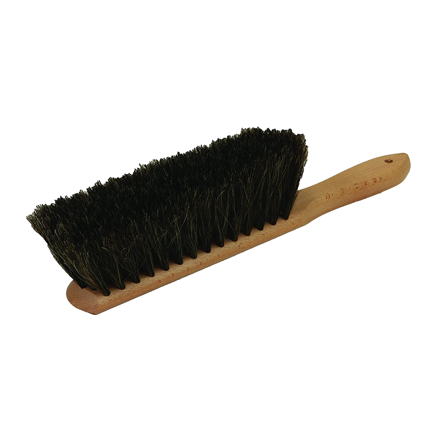 Hand brush with dense natural horsehair bristles and a smooth wooden handle featuring a hanging hole, designed for efficient sawdust removal in farm, garden, and tool care.
