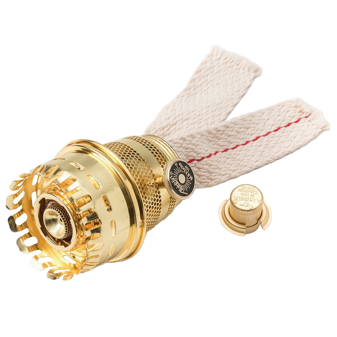 Handcrafted polished brass burner with woven cotton wick and adjustment knob, designed for lamps, featured in Lamps & Lighting, Parts and Accessories, Lamp Burners and Collars, Best Sellers, Promo Eligible collections.