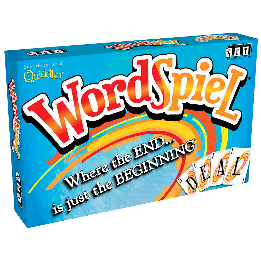 Colorful WordSpiel card game box with playful typography and swirling design, featuring sample letter cards spelling "DEAD," for Toys, Books & Games, Children’s Toys, and Table and Board Games collections.