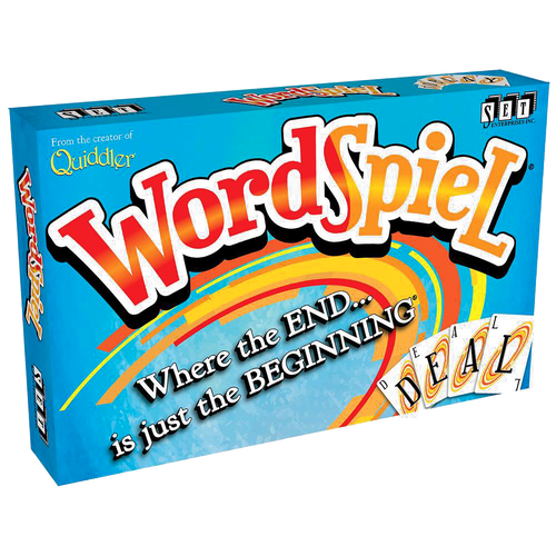 Colorful WordSpiel card game box with playful typography and swirling design, featuring sample letter cards spelling "DEAD," for Toys, Books & Games, Children’s Toys, and Table and Board Games collections.
