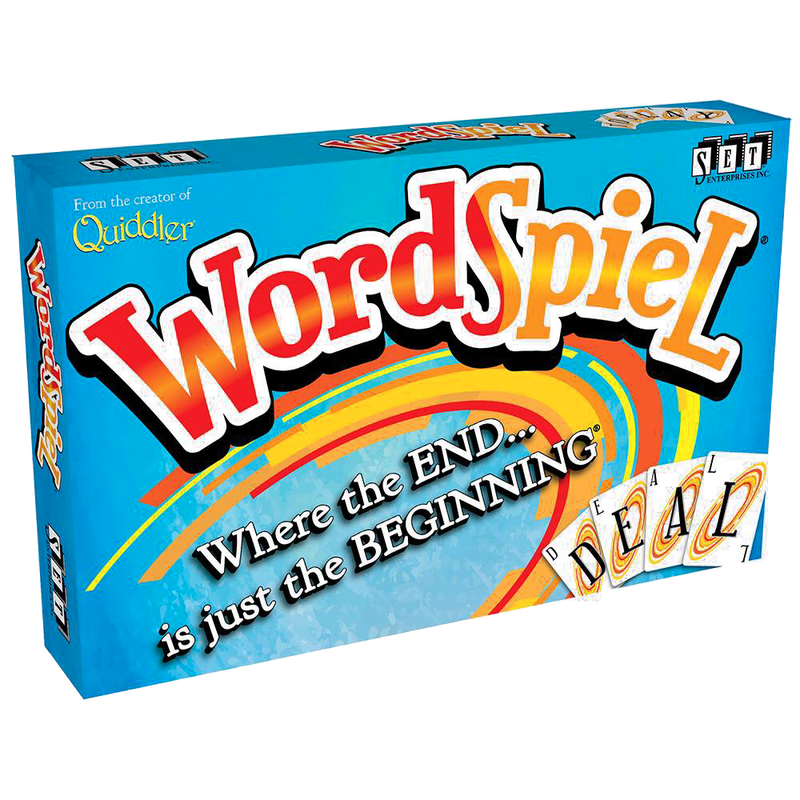 Colorful WordSpiel card game box with playful typography and swirling design, featuring sample letter cards spelling "DEAD," for Toys, Books & Games, Children’s Toys, and Table and Board Games collections.