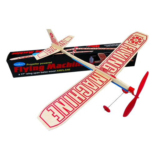 Handcrafted balsa wood propeller plane with red plastic propeller and lettering, designed for outdoor play and children’s toys, made in USA, part of Toys, Books & Games collection.