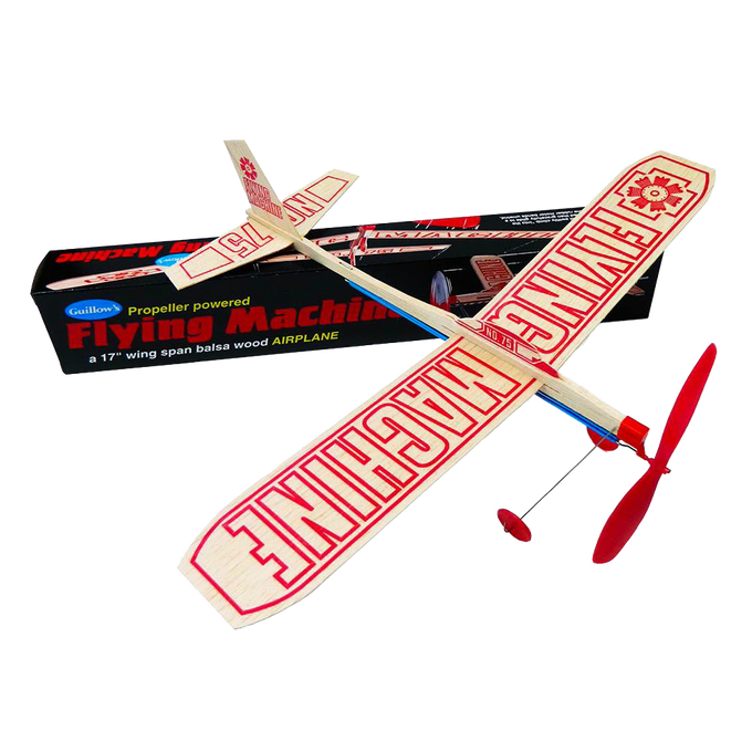 Handcrafted balsa wood propeller plane with red plastic propeller and lettering, designed for outdoor play and children’s toys, made in USA, part of Toys, Books & Games collection.