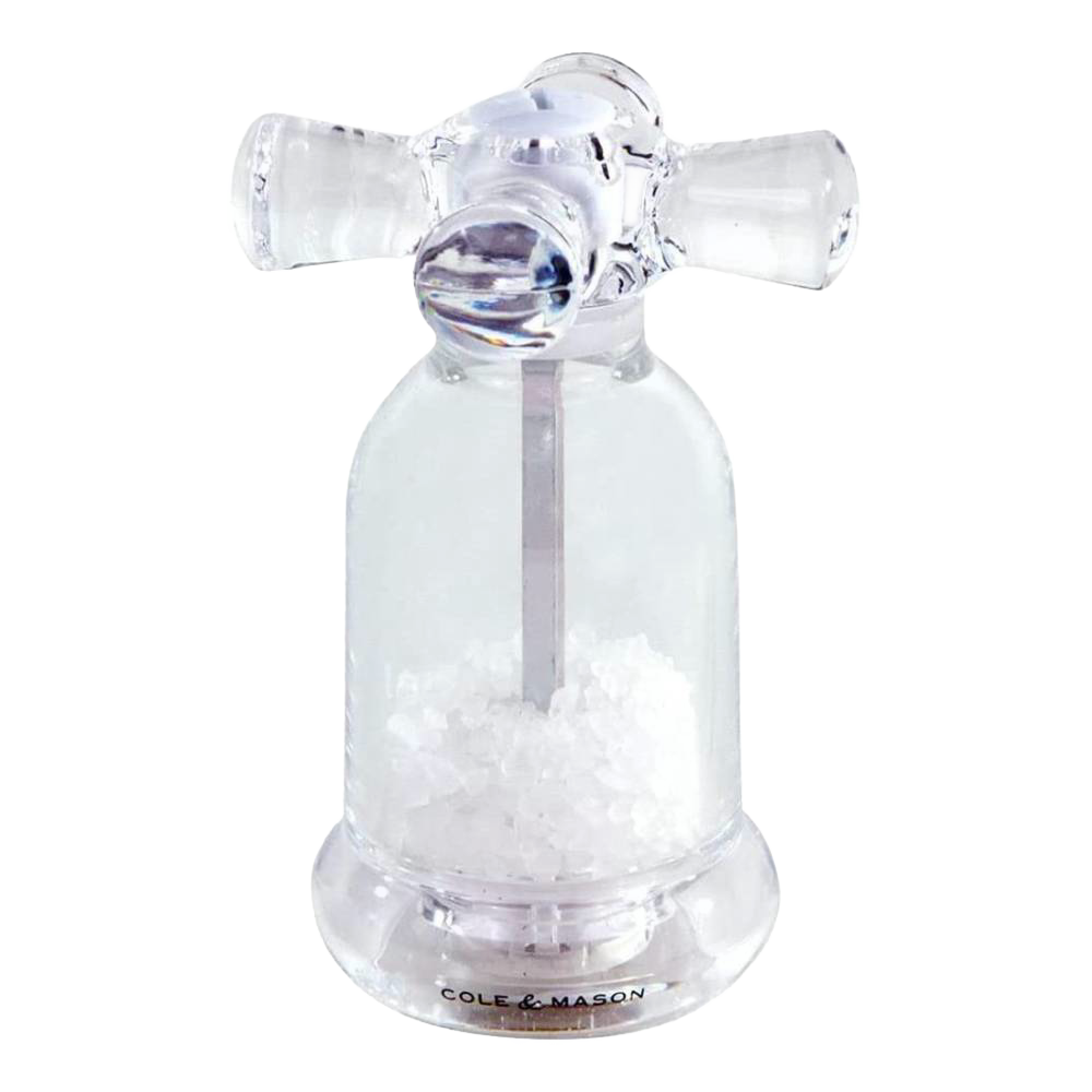 Clear acrylic salt mill designed like a vintage water faucet, containing coarse sea salt, perfect for Kitchen & Food, Dinnerware, Storage and Serving, Best Sellers, and Promo Eligible collections.