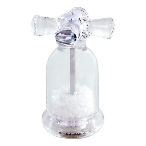 Clear acrylic salt mill designed like a vintage water faucet, containing coarse sea salt, perfect for Kitchen & Food, Dinnerware, Storage and Serving, Best Sellers, and Promo Eligible collections.