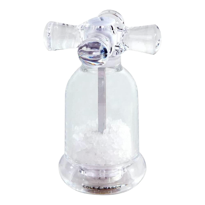 Clear acrylic salt mill designed like a vintage water faucet, containing coarse sea salt, perfect for Kitchen & Food, Dinnerware, Storage and Serving, Best Sellers, and Promo Eligible collections.