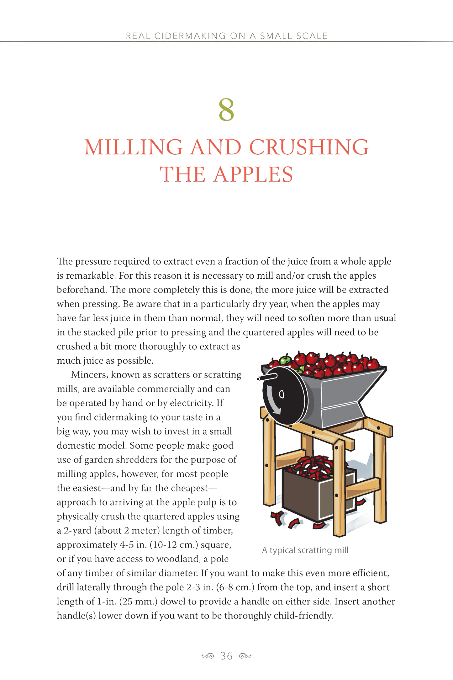 Page from a small-scale cidermaking guide showing detailed instructions on milling apples, with a hand-drawn illustration of a wooden apple crusher filled with red apples, suitable for Farm, Garden & Tool, Orchard and Grove, and Books collections.