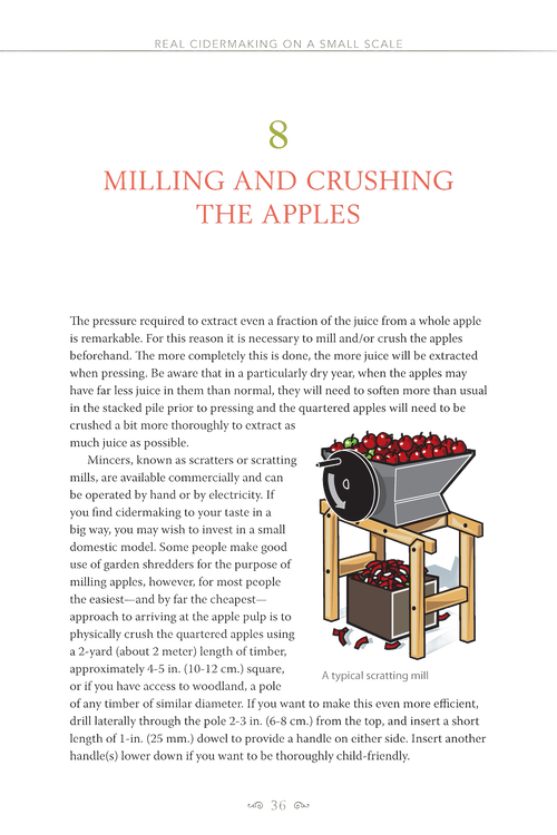 Page from a small-scale cidermaking guide showing detailed instructions on milling apples, with a hand-drawn illustration of a wooden apple crusher filled with red apples, suitable for Farm, Garden & Tool, Orchard and Grove, and Books collections.