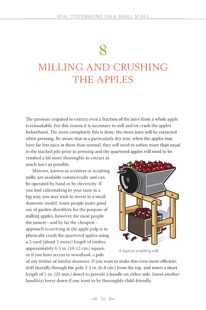 Page from a small-scale cidermaking guide showing detailed instructions on milling apples, with a hand-drawn illustration of a wooden apple crusher filled with red apples, suitable for Farm, Garden & Tool, Orchard and Grove, and Books collections.