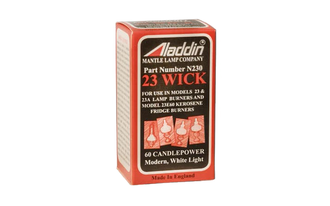 Box of round oil lamp wicks labeled for models 23 and 23A, designed for lamps and fridge burners, part of Lamps & Lighting, Parts and Accessories, Wicks and Mantles collections.