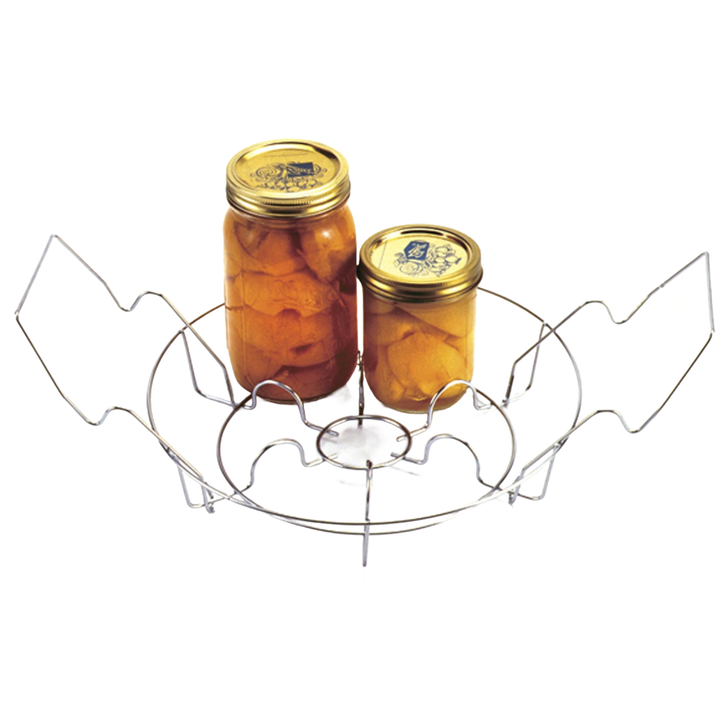 Chrome-plated steel rack designed to hold seven jars securely for food preservation, featured in Kitchen & Food, Canning Accessories, and Best Sellers collections.