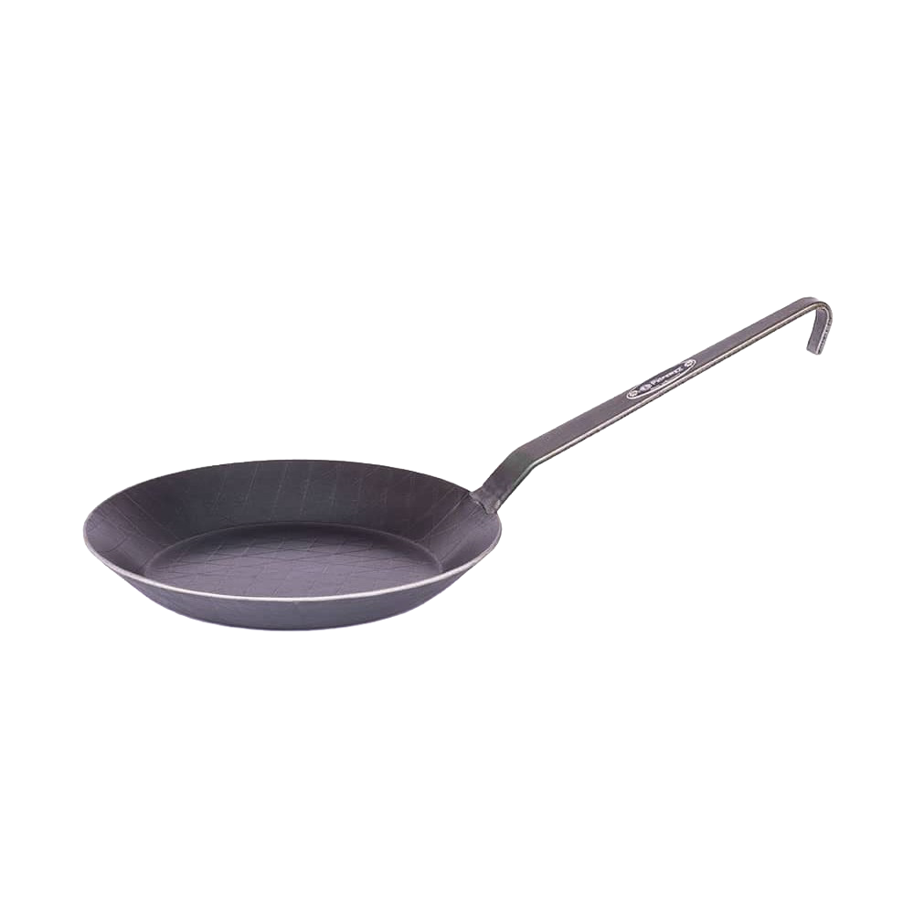 Handcrafted wrought iron pan with a long handle and textured cooking surface, designed for exceptional heat conduction, ideal for Farm, Garden & Tool, Kitchen & Food, Camping, Cookware, Pots and Pans, Best Sellers, and Promo Eligible collections.