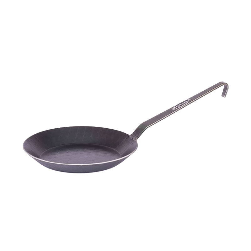 Handcrafted wrought iron pan with a long handle and textured cooking surface, designed for exceptional heat conduction, ideal for Farm, Garden & Tool, Kitchen & Food, Camping, Cookware, Pots and Pans, Best Sellers, and Promo Eligible collections.