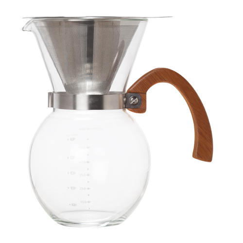 Glass pour-over coffee maker with a stainless steel filter and bamboo handle, designed for precise brewing, ideal for Farm, Garden & Tool and Kitchen & Food collections.